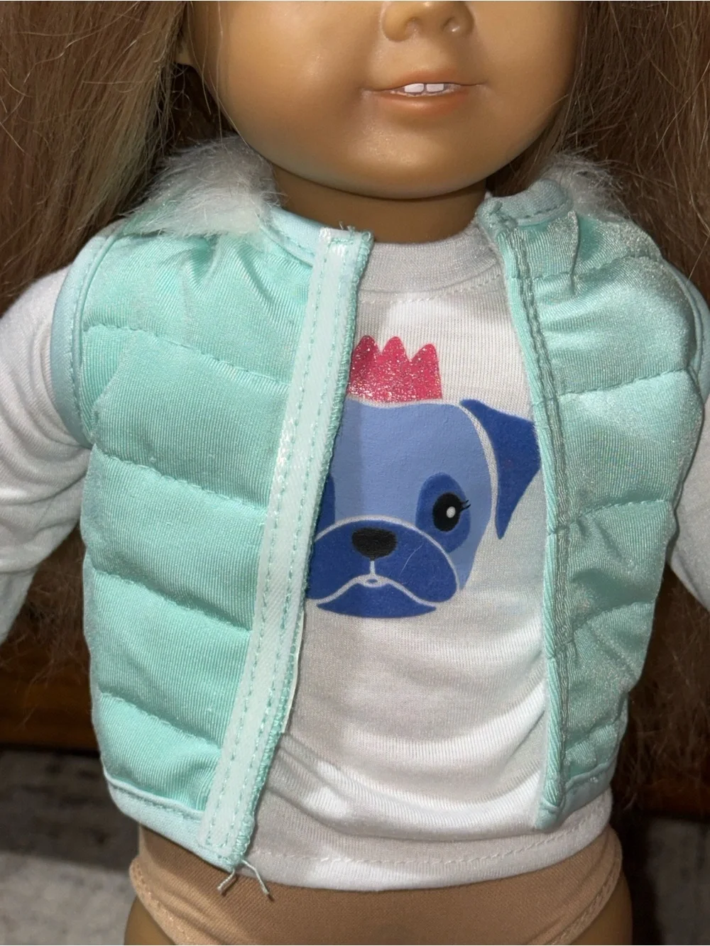 Our Generation long white sleeve dog shirt & blue puffy vest